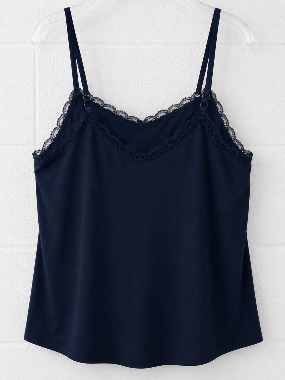 Cabi Navy Lace Trim Adjustable Strap Satin Look Camisole Tank Size Small